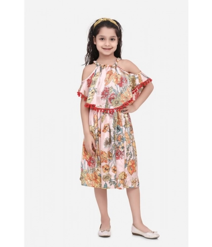 Generic Girl's Satin Floral Printed Cold Shoulder Round Neck Dress (Peach)