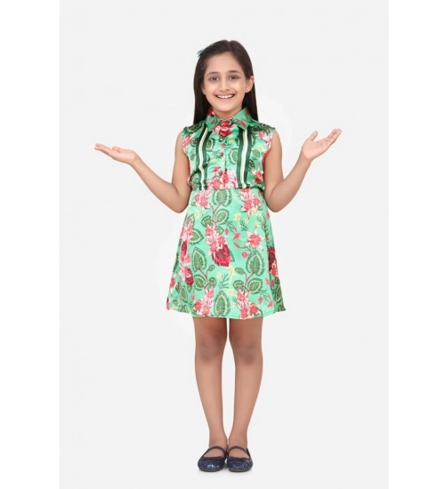 Generic Girl's Satin Floral Printed Sleeveless Shirt Collar Dress (Multicolor)