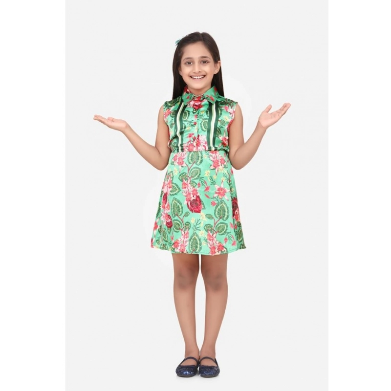 Girl's Satin Floral Printed Sleeveless Shirt Collar Dress (Multicolor) Girl's Satin Floral Printed Sleeveless Shirt Collar Dress (Multicolor)