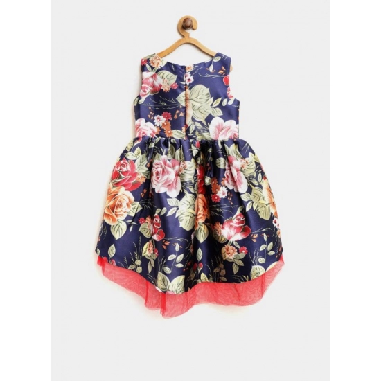 Generic Girl's Polyester  Net Net Inset Sleeveless Round Neck Dress (Navy Blue)