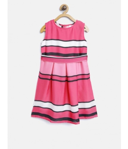Generic Girl's Satin Striped Sleeveless Round Neck Dress (Pink)