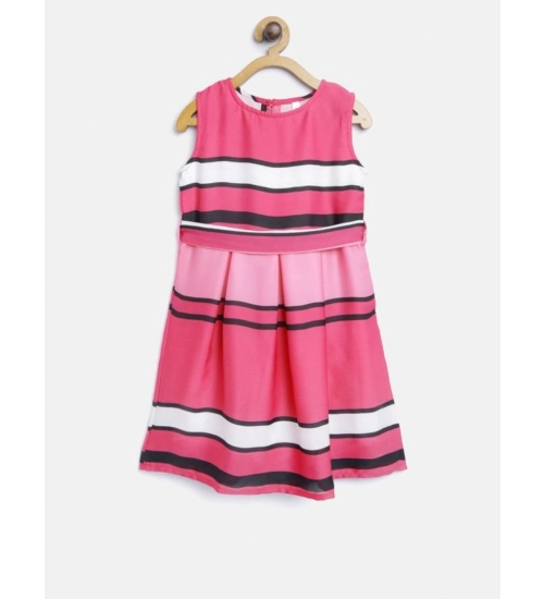Generic Girl's Satin Striped Sleeveless Round Neck Dress (Pink)