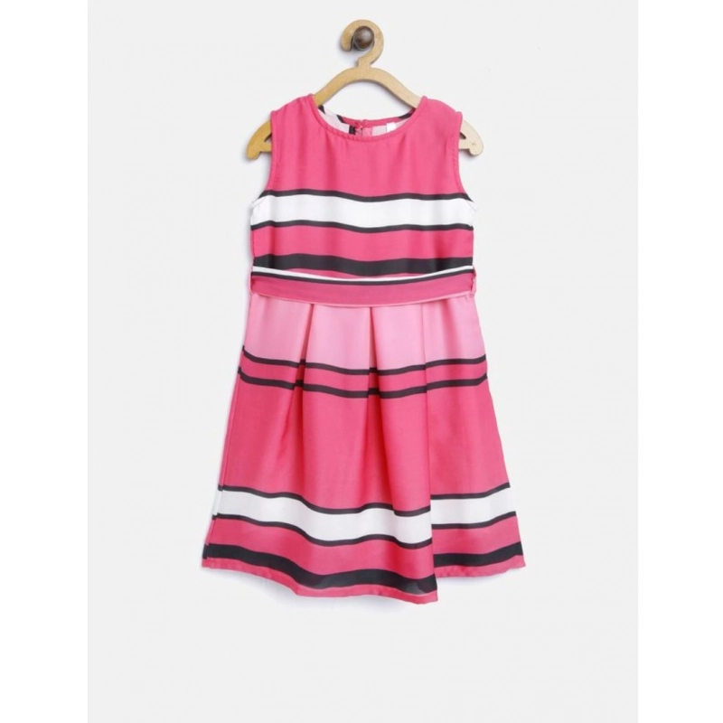 Girl's Satin Striped Sleeveless Round Neck Dress (Pink)