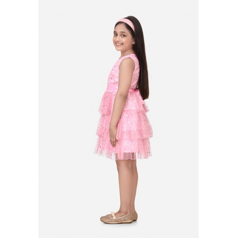 Girl's Net Embellished Sleeveless Round Neck Dress (Pink)
