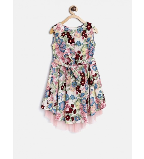 Generic Girl's Polyester Crepe Printed Short Sleeve Round Neck Dress (Multicolor)
