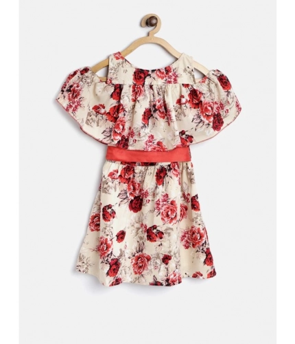 Generic Girl's Polyester Crepe Printed Short Sleeve Cold Shoulder Neck Dress (Cream-Red) Generic Girl's Polyester Crepe Printed Short Sleeve Cold Shoulder Neck Dress (Cream-Red)