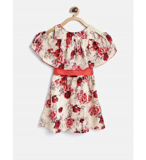 Generic Girl's Polyester Crepe Printed Short Sleeve Cold Shoulder Neck Dress (Cream-Red)