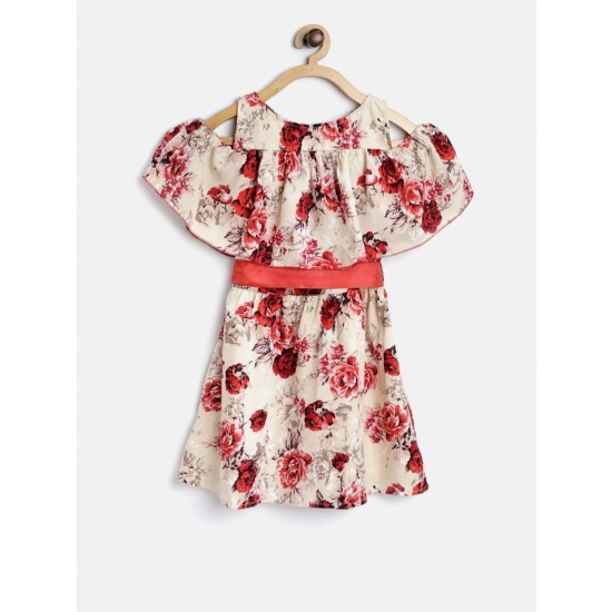 Generic Girl's Polyester Crepe Printed Short Sleeve Cold Shoulder Neck Dress (Cream-Red)