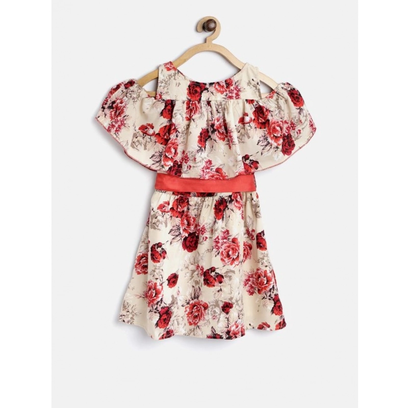 Girl's Polyester Crepe Printed Short Sleeve Cold Shoulder Neck Dress (Cream-Red)