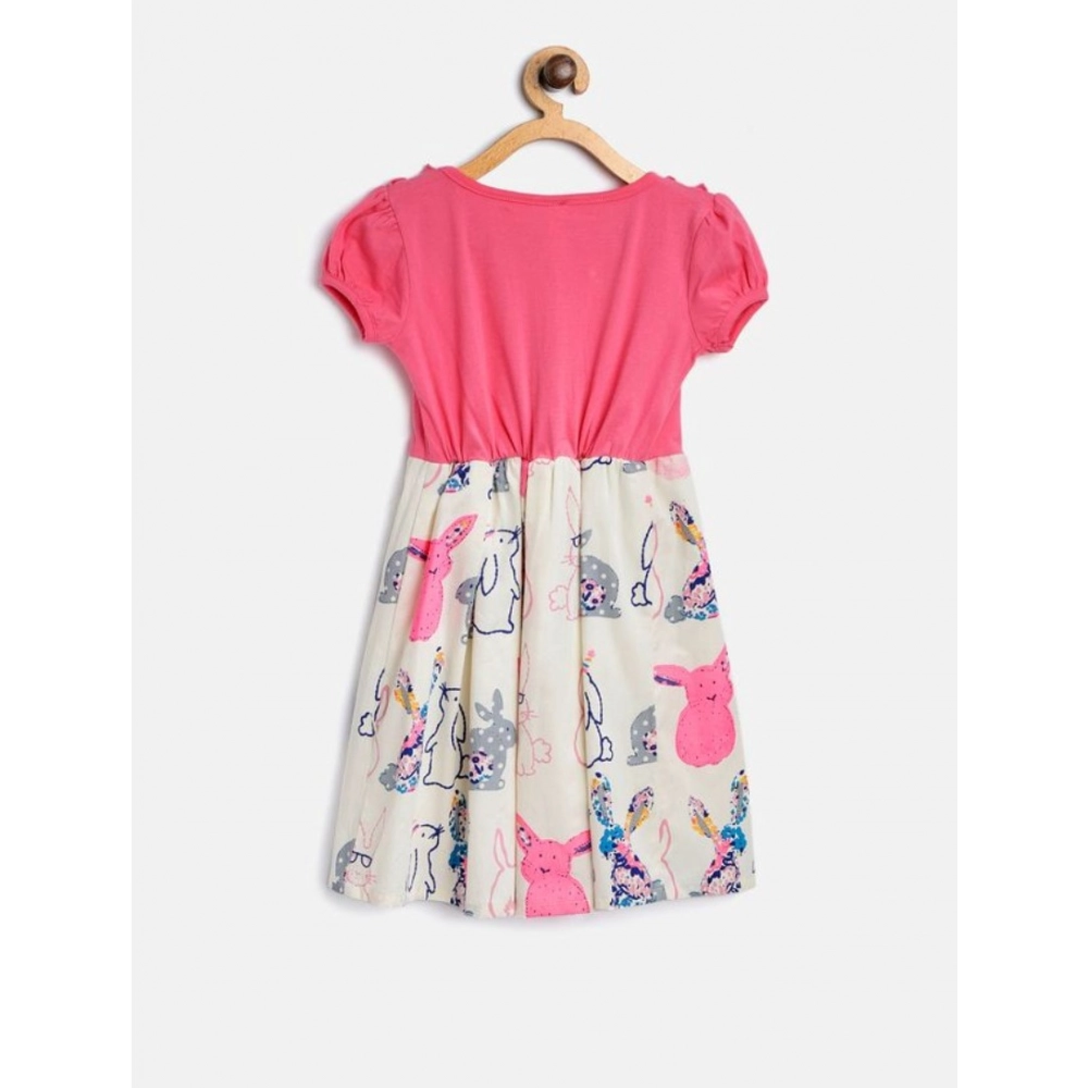 Generic Girl's Cotton Printed Short Sleeve Round Neck Dress (Pink-White) Generic Girl's Cotton Printed Short Sleeve Round Neck Dress (Pink-White)