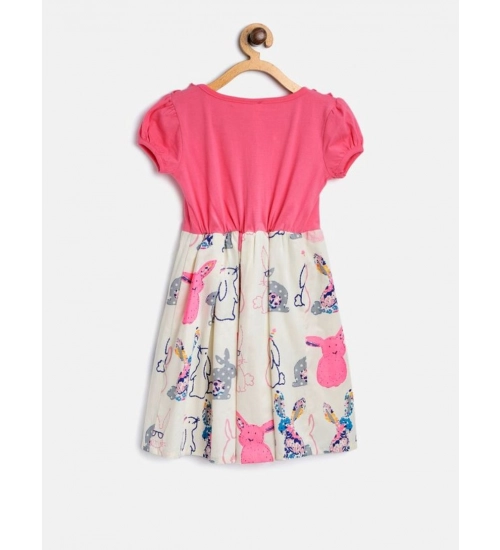 Generic Girl's Cotton Printed Short Sleeve Round Neck Dress (Pink-White)