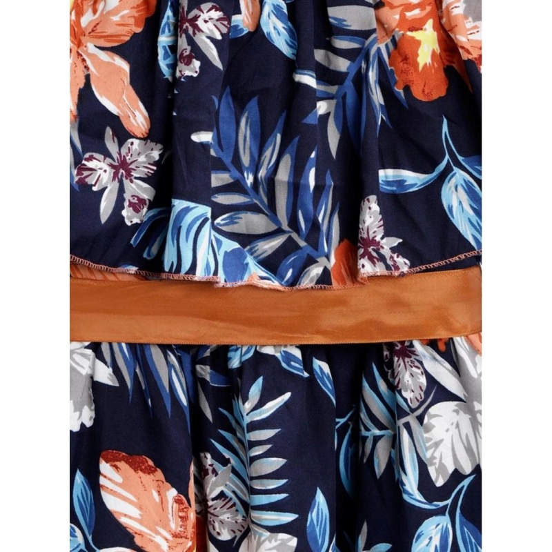 Girl's Polyester Crepe Floral Printed Bell Sleeve Cold Shoulder Neck Dress (Multicolor)