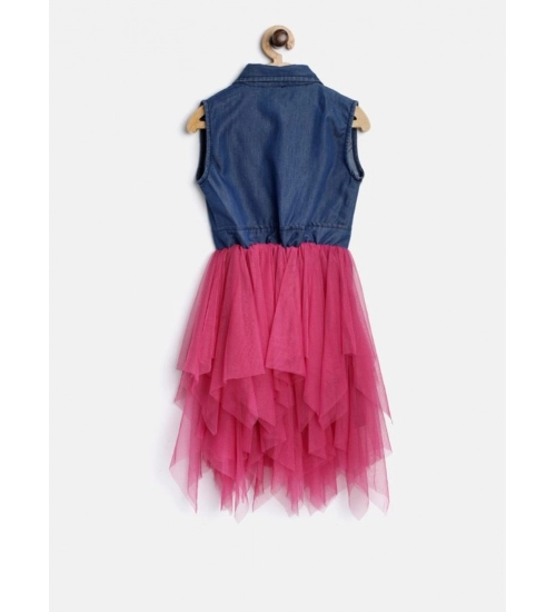 Generic Girl's Polyester Crepe-Net Solid Shoulder Straps Shirt collar Dress (Blue-Pink)