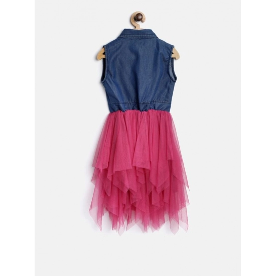 Generic Girl's Polyester Crepe-Net Solid Shoulder Straps Shirt collar Dress (Blue-Pink)