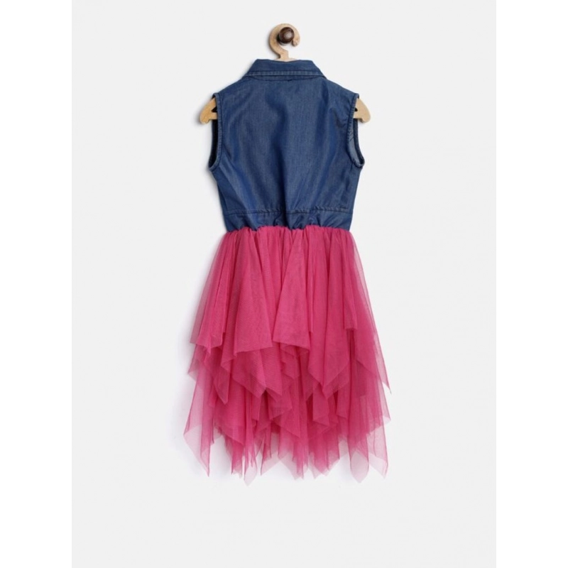 Girl's Polyester Crepe-Net Solid Shoulder Straps Shirt collar Dress (Blue-Pink)