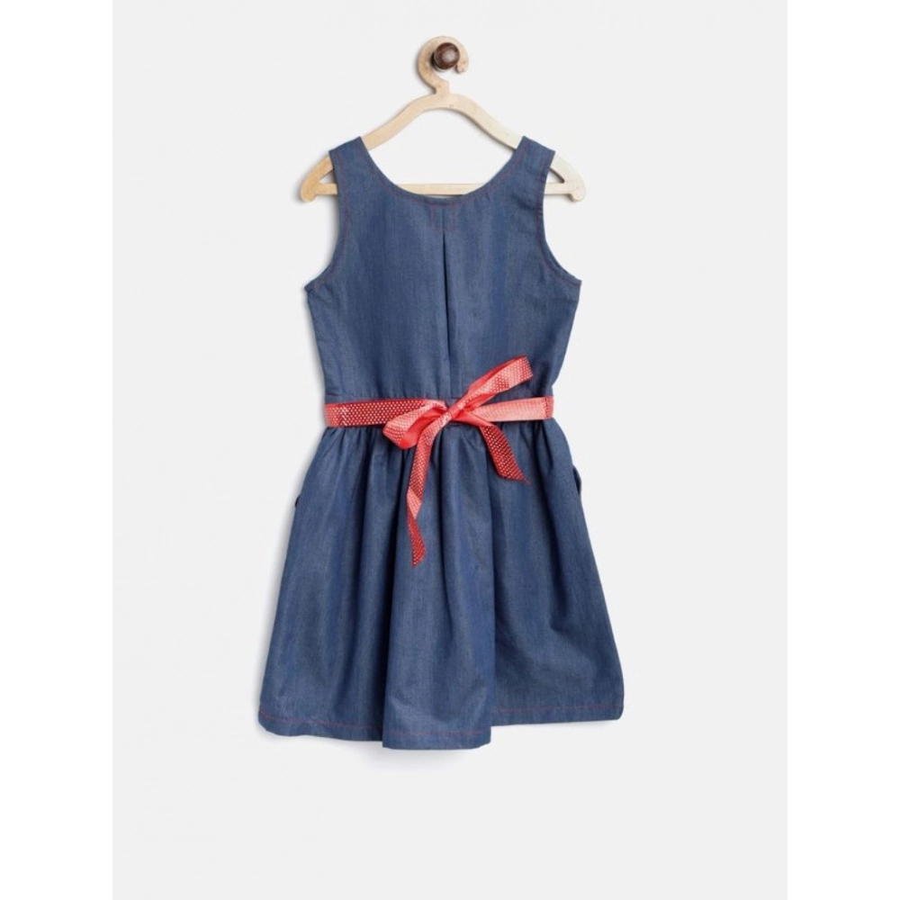 Generic Girl's Denim Solid Sleeveless Round Neck Dress (Blue) Generic Girl's Denim Solid Sleeveless Round Neck Dress (Blue)