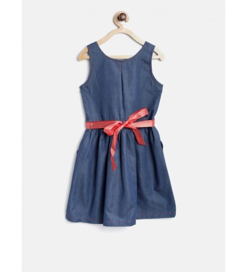 Generic Girl's Denim Solid Sleeveless Round Neck Dress (Blue)
