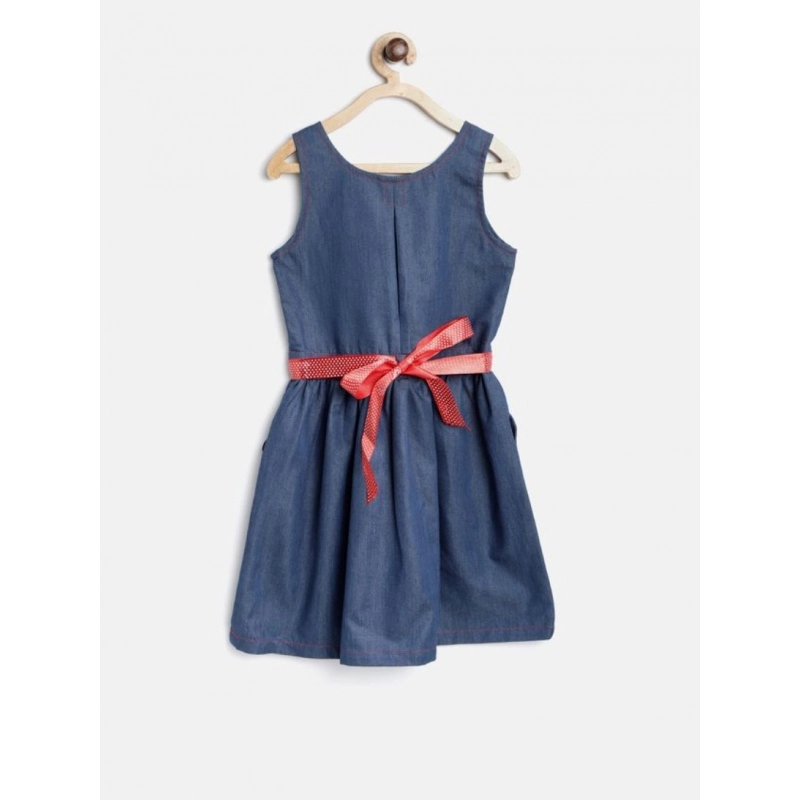 Girl's Denim Solid Sleeveless Round Neck Dress (Blue)