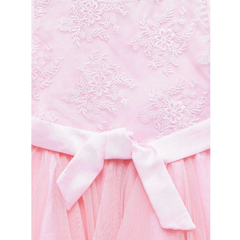 Girl's Polyester  Net Floral Printed Sleeveless Round Neck Dress (Light Pink)