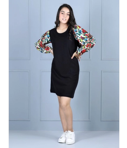 Generic Girl's Polyester Printed Long Sleeve Round Neck Dress (Multicolor)