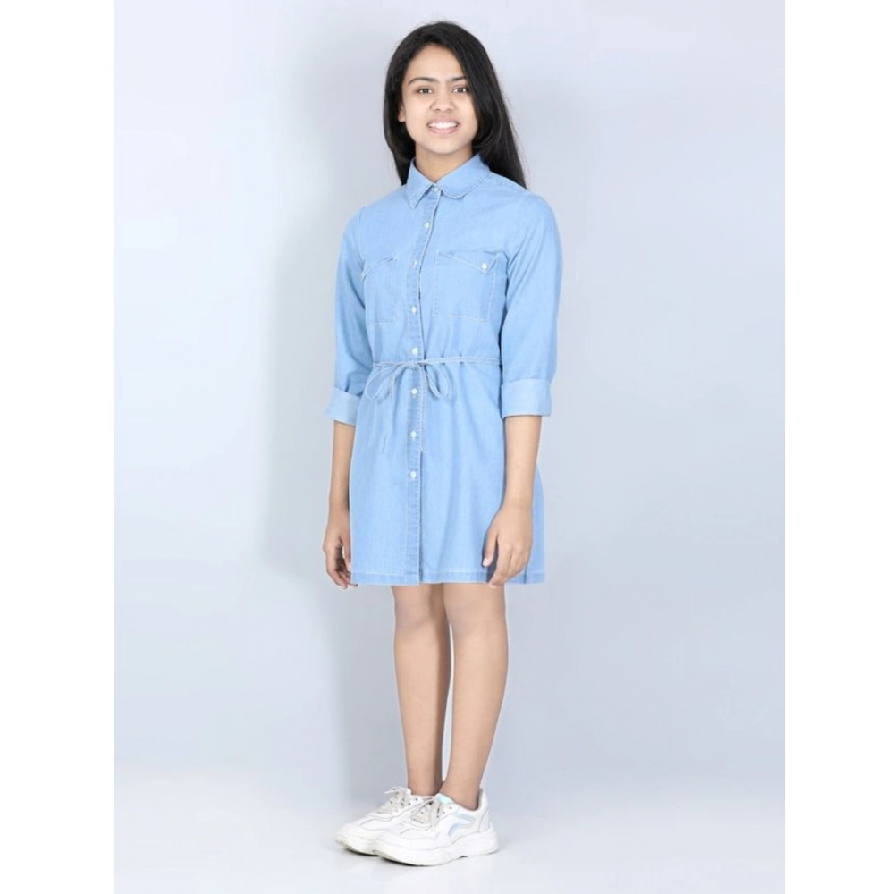 Generic Girl's Denim Solid Long Sleeve Shirt collar Dress (Blue) Generic Girl's Denim Solid Long Sleeve Shirt collar Dress (Blue)