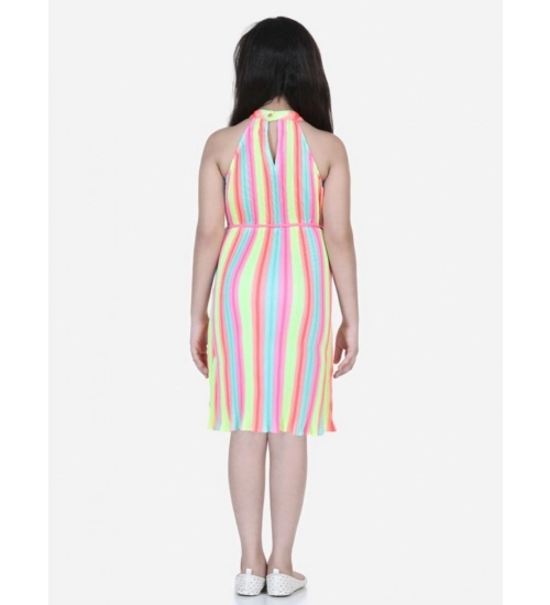 Generic Girl's Polyester Crepe Striped Sleeveless Round Neck Dress (Multicolor)
