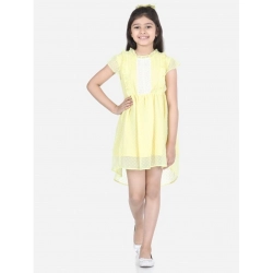 Generic Girl's Polyester Solid Short Sleeve Round Neck Dress (Lemon Yellow)