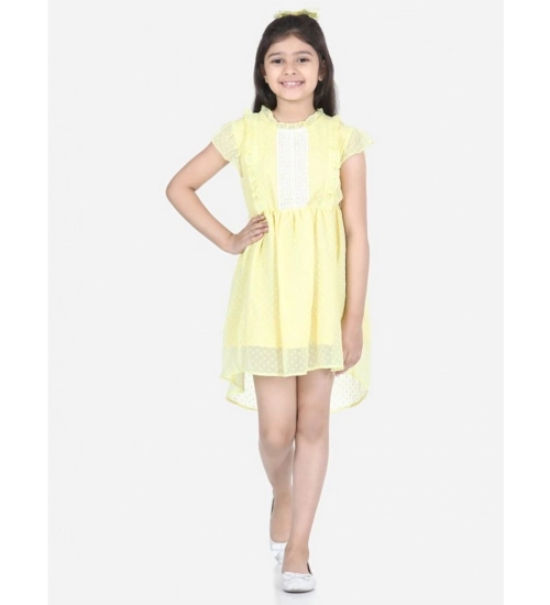 Generic Girl's Polyester Solid Short Sleeve Round Neck Dress (Lemon Yellow)