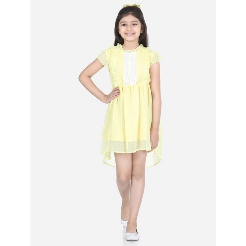 Girl's Polyester Solid Short Sleeve Round Neck Dress (Lemon Yellow)