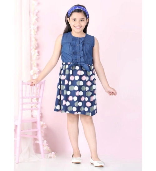 Generic Girl's Denim  Rayon Printed Sleeveless Round Neck Dress (Blue)