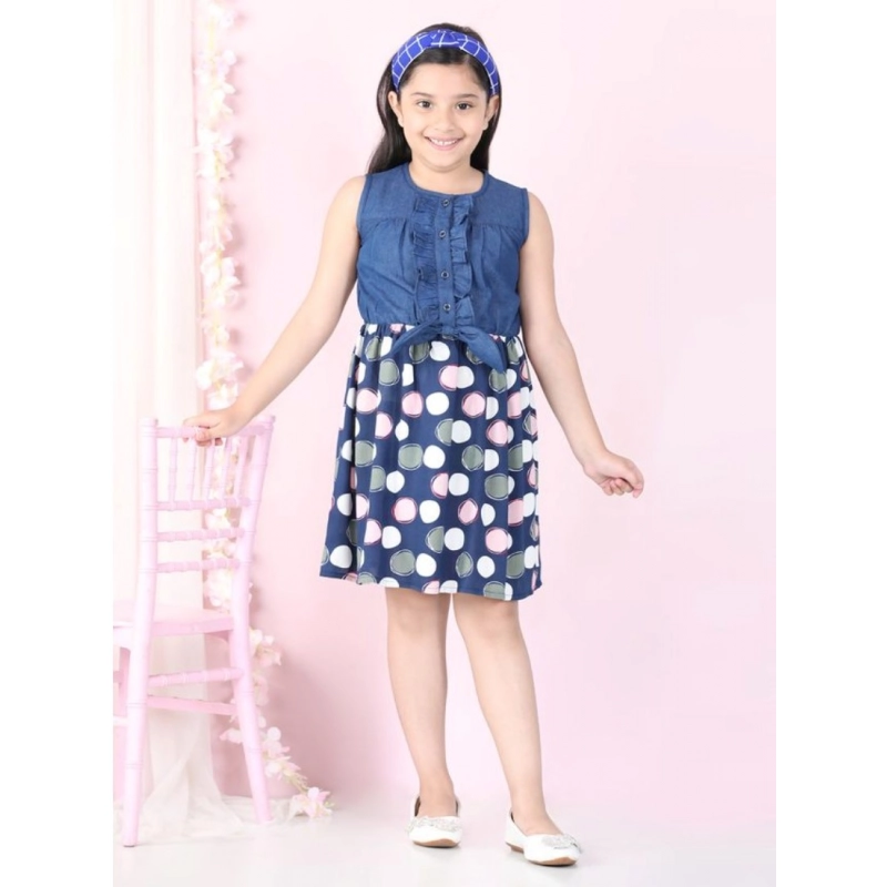 Girl's Denim  Rayon Printed Sleeveless Round Neck Dress (Blue)