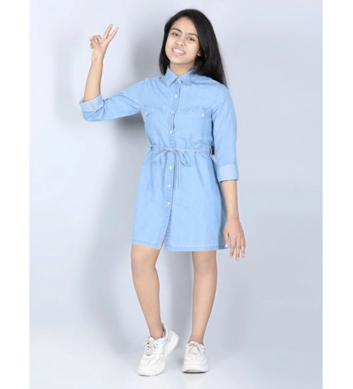 Generic Girl's Denim Solid Long Sleeve Shirt collar Dress (Blue)