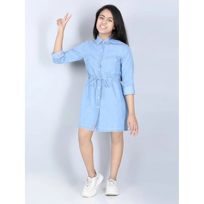 Girl's Denim Solid Long Sleeve Shirt collar Dress (Blue)