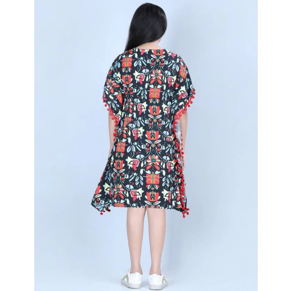 Generic Girl's Polyester Moss Printed Kaftan Sleeve Round Neck Dress (Multicolor)