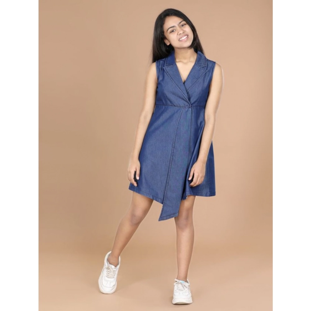 Generic Girl's Denim Solid Sleeveless Shirt collar Dress (Blue) Generic Girl's Denim Solid Sleeveless Shirt collar Dress (Blue)
