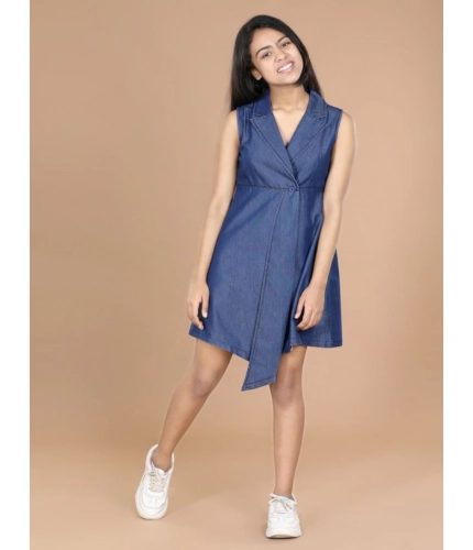 Generic Girl's Denim Solid Sleeveless Shirt collar Dress (Blue)