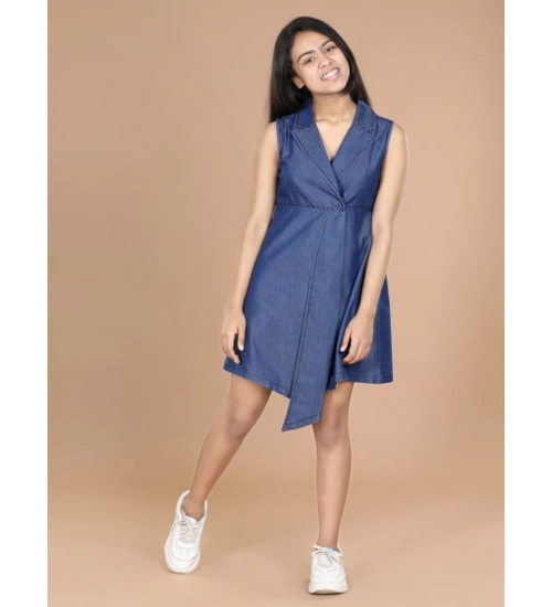 Generic Girl's Denim Solid Sleeveless Shirt collar Dress (Blue)