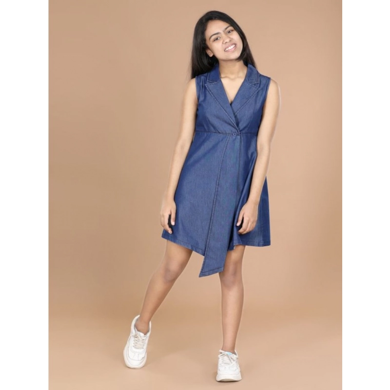 Girl's Denim Solid Sleeveless Shirt collar Dress (Blue)