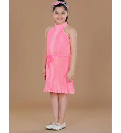 Generic Girl's Polyester Crepe Printed Sleeveless Round Neck Dress (Pink)