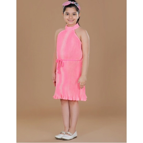 Generic Girl's Polyester Crepe Printed Sleeveless Round Neck Dress (Pink)