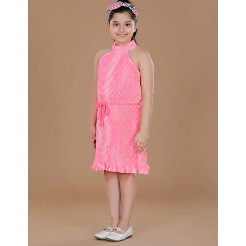 Girl's Polyester Crepe Printed Sleeveless Round Neck Dress (Pink)