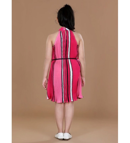 Generic Girl's Polyester Crepe Printed Sleeveless Round Neck Dress (Pink)