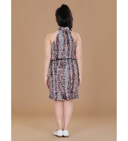 Generic Girl's Polyester Crepe Printed Sleeveless Round Neck Dress (Black-Pink)