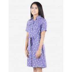 Generic Girl's Polyester Printed Short Sleeve Shirt collar Dress (Lavender)