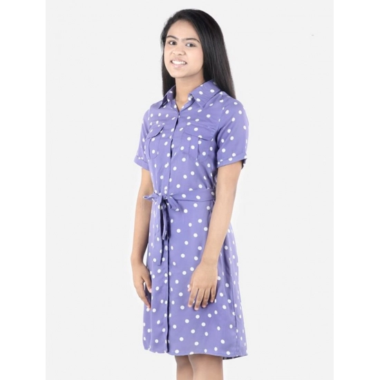 Generic Girl's Polyester Printed Short Sleeve Shirt collar Dress (Lavender)