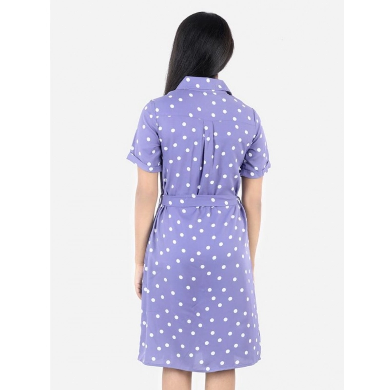 Girl's Polyester Printed Short Sleeve Shirt collar Dress (Lavender)