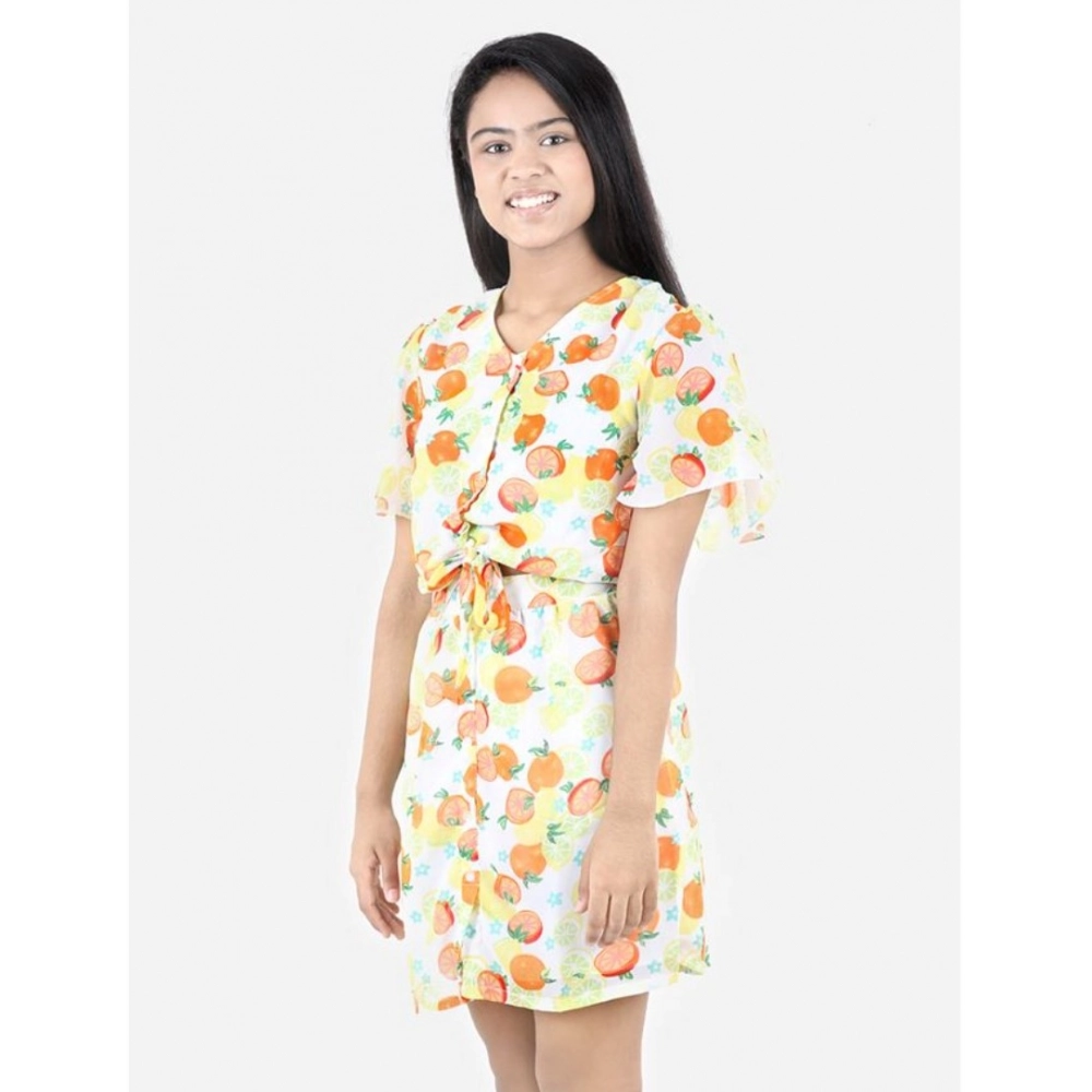 Generic Girl's Polyester Printed Short Sleeve V-Neck Dress (Yellow-Orange) Generic Girl's Polyester Printed Short Sleeve V-Neck Dress (Yellow-Orange)
