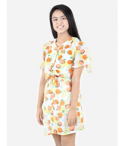 Generic Girl's Polyester Printed Short Sleeve V-Neck Dress (Yellow-Orange)
