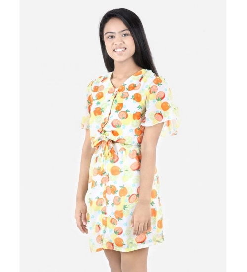 Generic Girl's Polyester Printed Short Sleeve V-Neck Dress (Yellow-Orange)