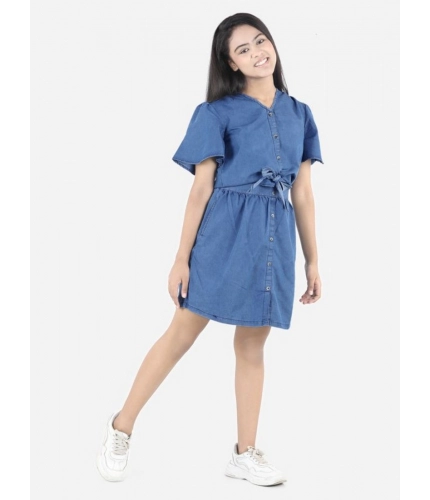 Generic Girl's Denim Solid Short Sleeve V-Neck Dress (Blue)